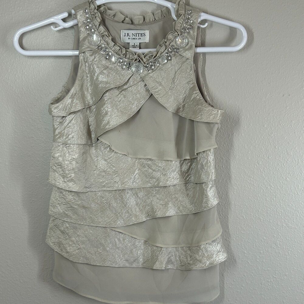 J.R. Nites Beige Metallic Ruffled Sleeveless Top Size 8